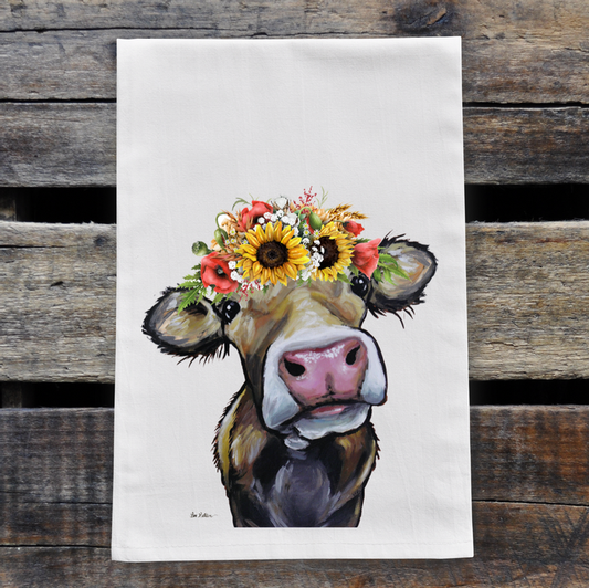 Cow Flour Sack Towel, Farmhouse Cow Tea Towel, Sunflower Cow Kitchen Decor, 'Hazel'