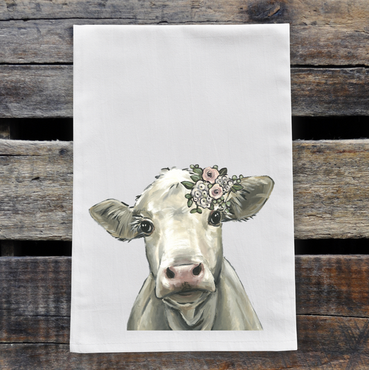Cow 'Annabelle' Boho Flowers, Cow Flour Sack Towel, Cow Tea Towel, Cow Kitchen Decor