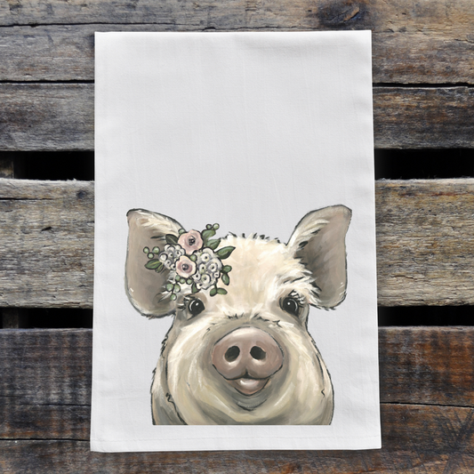 Pig 'Lilly' Boho Flowers, Pig Flour Sack Towel, Pig Tea Towel, Pig Kitchen Decor