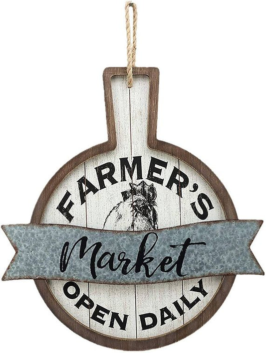 Farmer's Market Open Daily Wood and Metal Circular Signs
