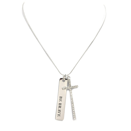 Be BRAVE Bar Rhinestone Cross 18" Chain Necklace